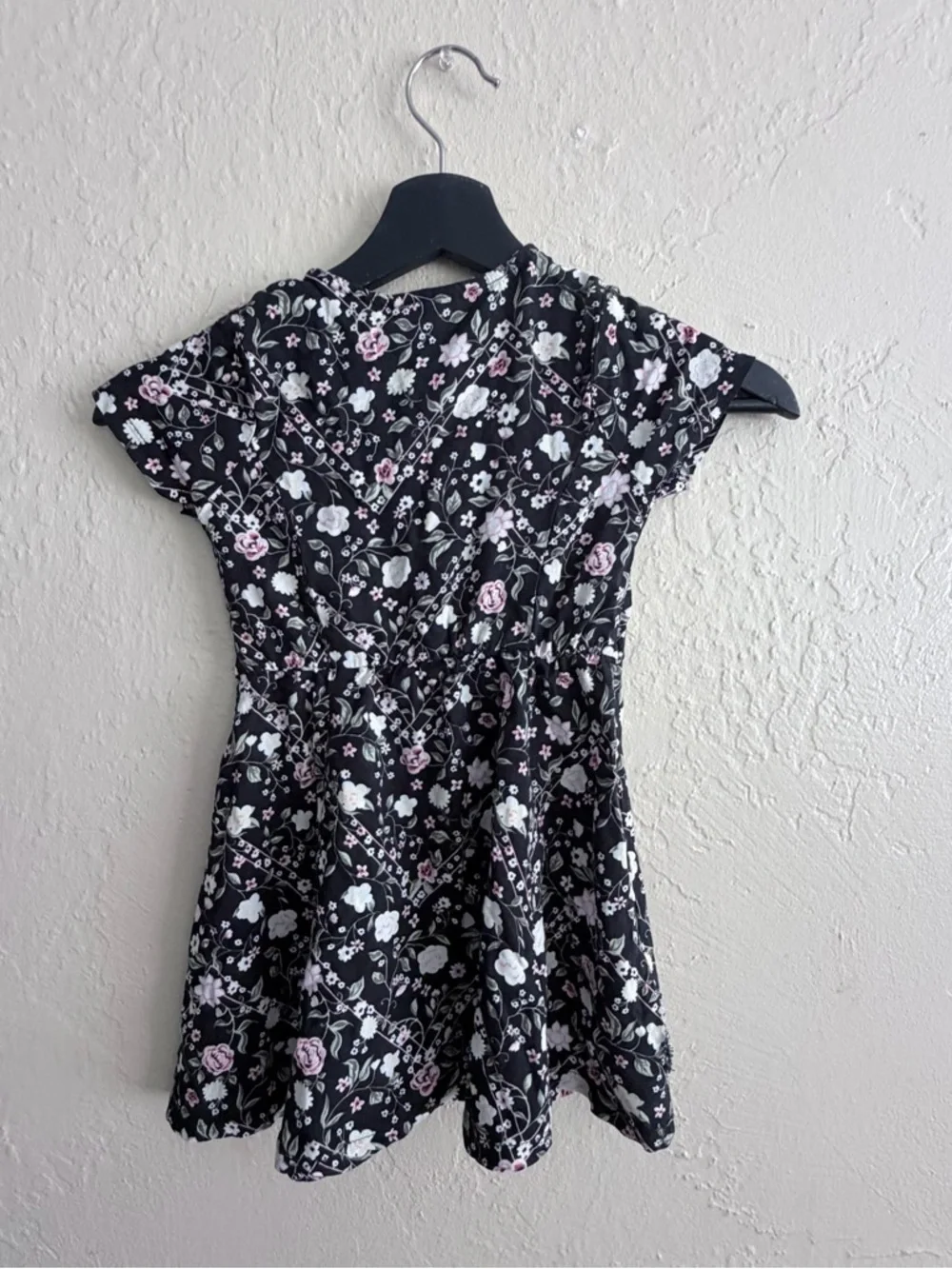 Little Lass Black Floral Button-Front Dress with Pink & White Blossoms